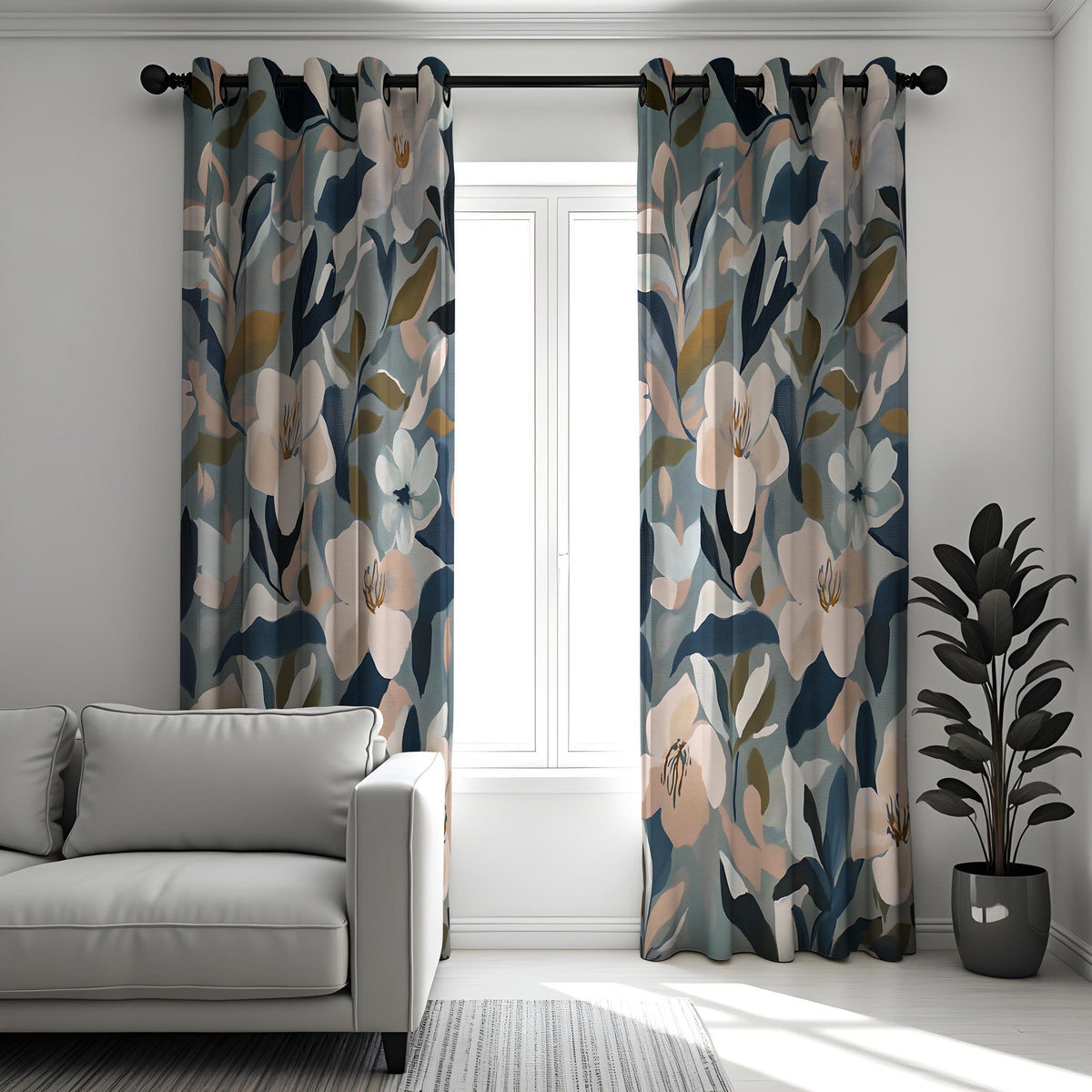 Navy Blue & Beige Floral Curtains, Abstract Leaf Drapes