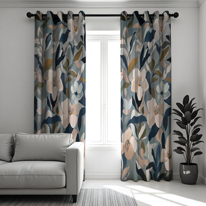 Navy Blue & Beige Floral Curtains, Abstract Leaf Drapes