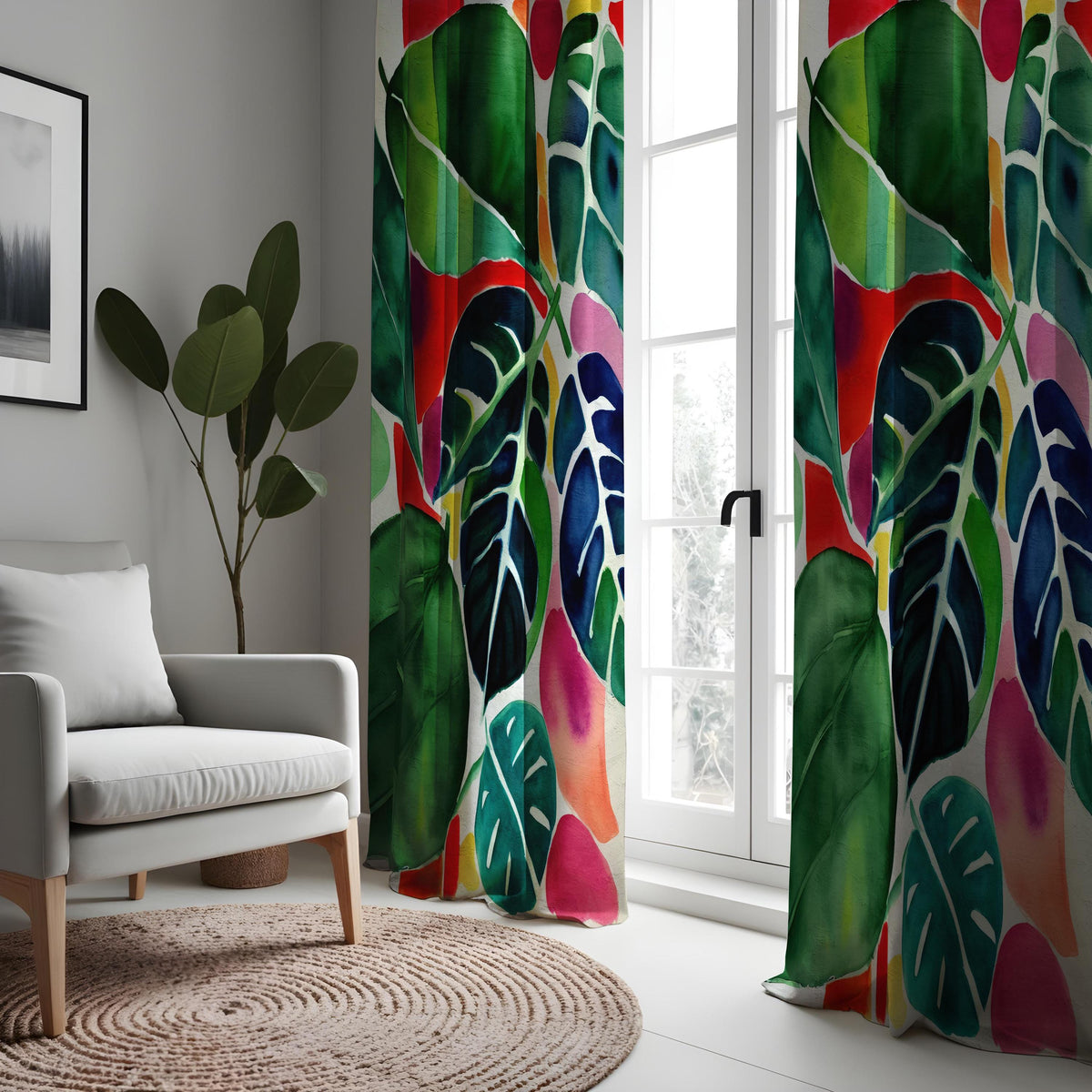 Red & Green Jungle Leaf Curtains, Tropical Botanical Drapes