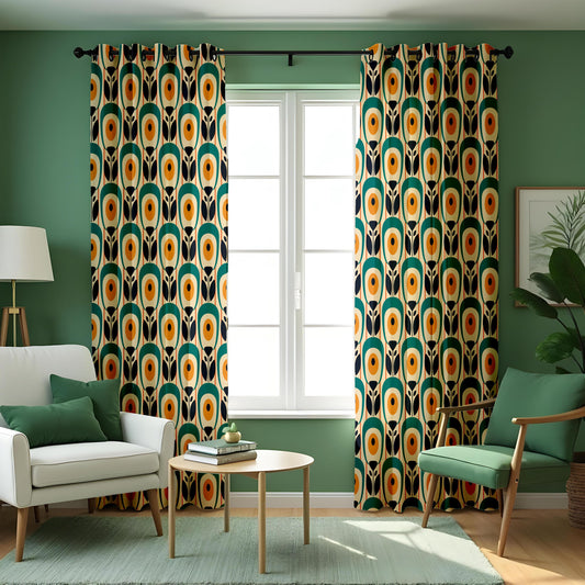 Mustard & Teal Retro Geometric Curtains, Mid Century Drapes