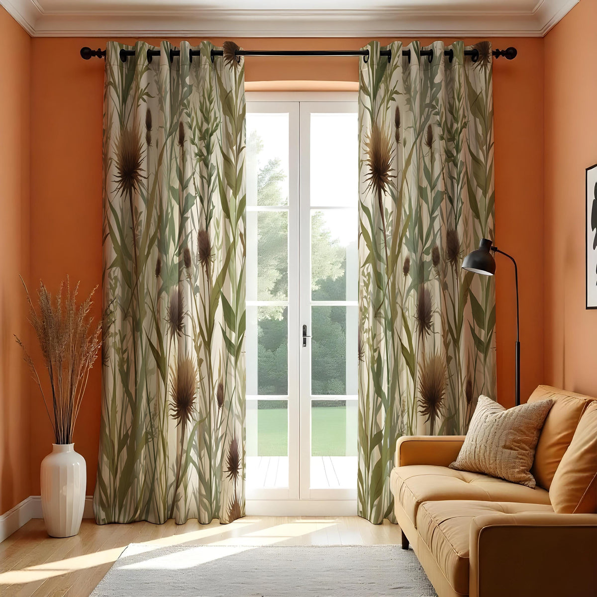 Earthy Thistle Curtains, Neutral Leaf Pattern Drapes