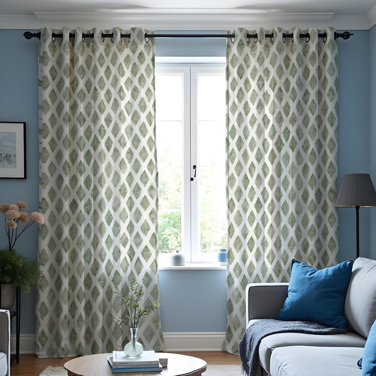 Green Geometric Curtain Panels, Abstract Print Custom Drapes