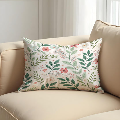 Floral Cushion Cover, Delicate Green Leaves & Pink Flowers Pillow Case