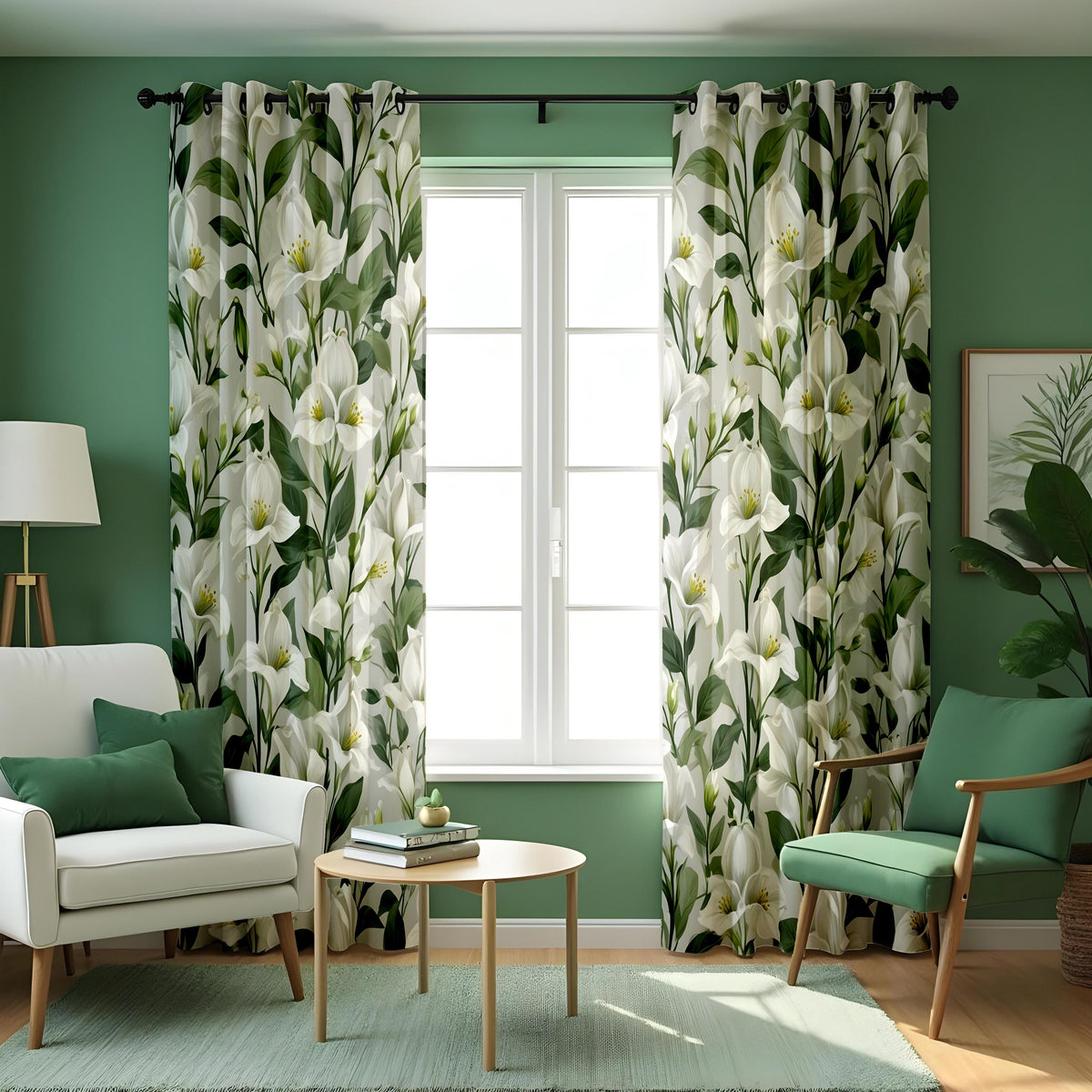 Calla Lily Curtains, White Floral & Green Leaf Drapes
