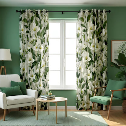 Calla Lily Curtains, White Floral & Green Leaf Drapes