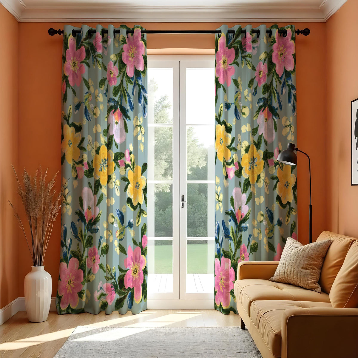 Yellow & Pink Watercolor Floral Curtains, Botanical Drapes