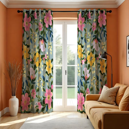 Yellow & Pink Watercolor Floral Curtains, Botanical Drapes