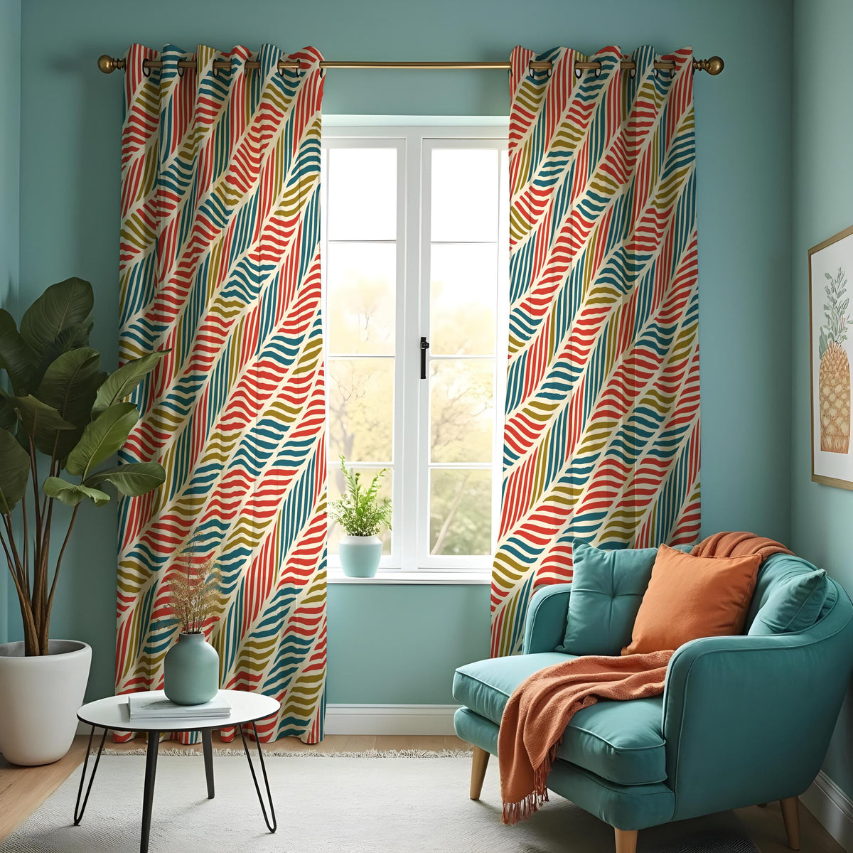 Orange Teal Mustard Wave Stripe Curtains, Retro Drapes