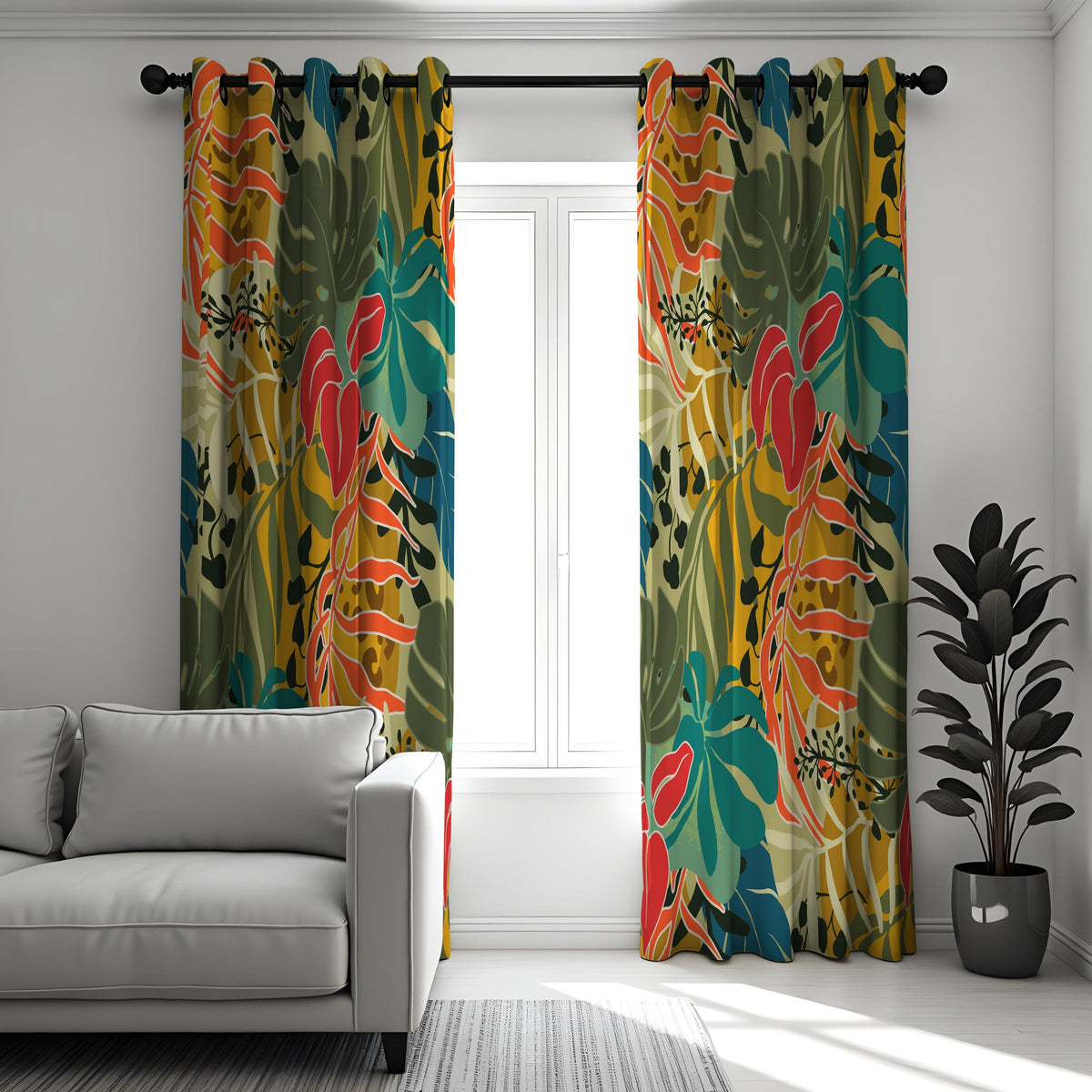 Red & Green Jungle Leaf Curtains, Tropical Window Drapes