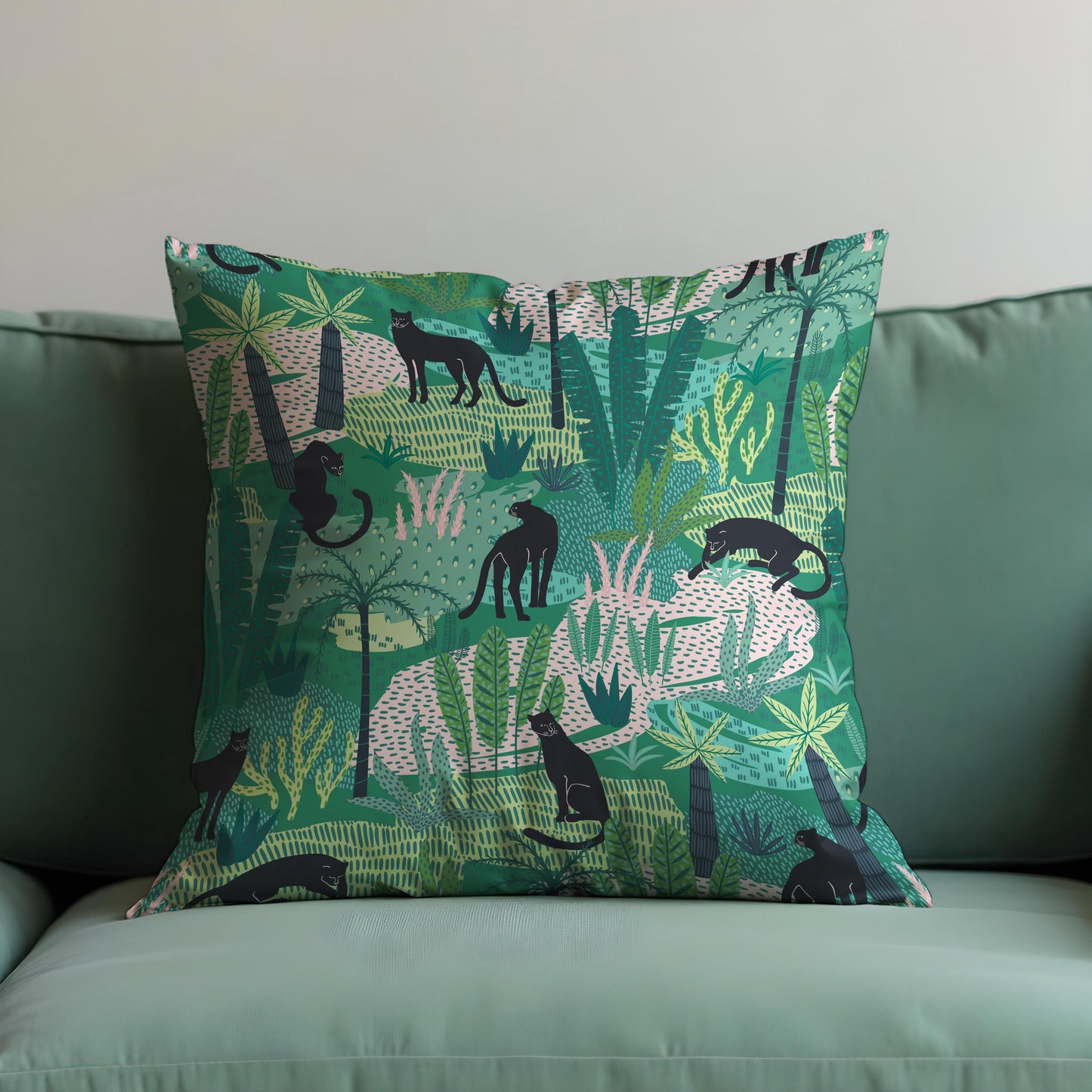 Jungle Panther Cushion Cover, Green Tropical Safari Pillow Cover