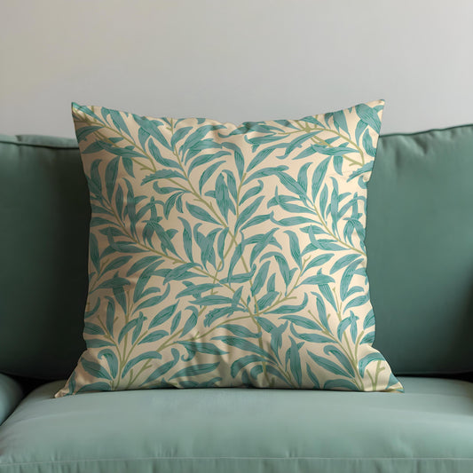 Turquoise Willow Leaf Cushion Cover, Botanical Throw Pillow Cover