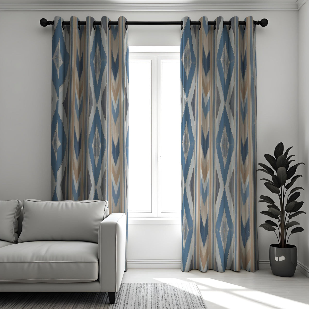 Blue Tan Ikat Curtains, Boho Geometric Custom Drapes