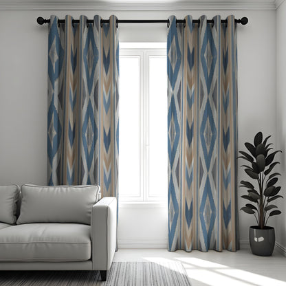 Blue Tan Ikat Curtains, Boho Geometric Custom Drapes