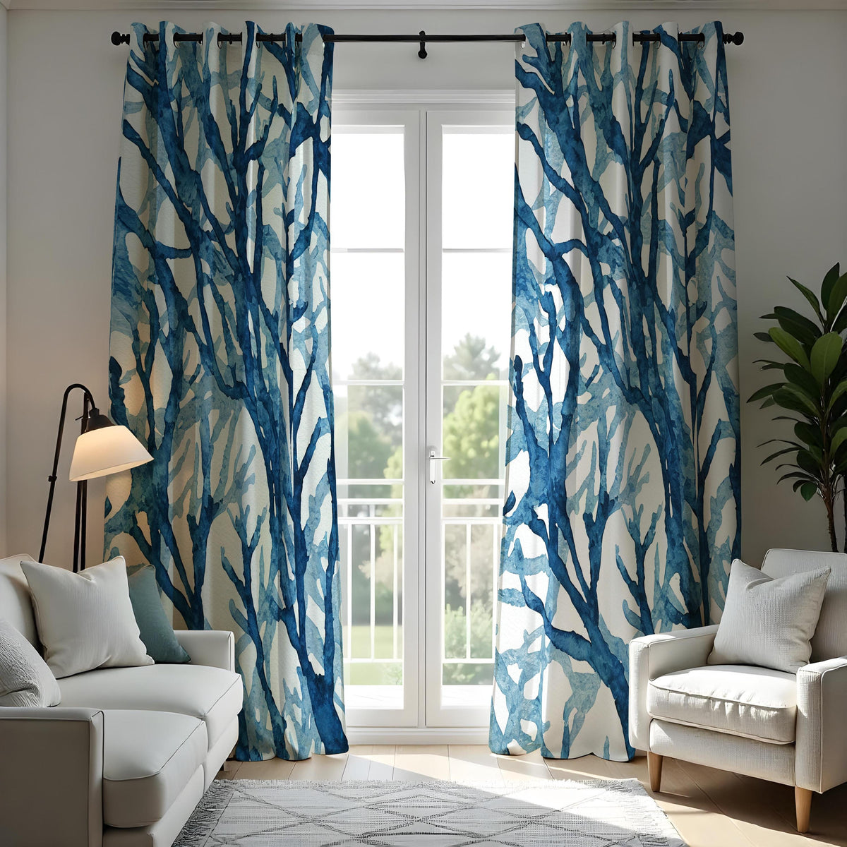 Blue Watercolor Tree Branch Curtains, Forest Botanical Drapes