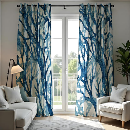 Blue Watercolor Tree Branch Curtains, Forest Botanical Drapes