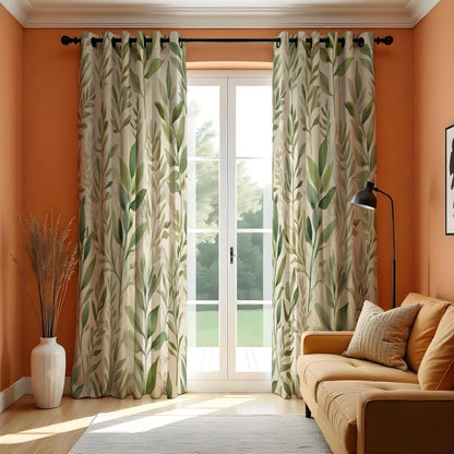 Green Botanical Leaf Curtains, Tropical Nature Custom Drapes