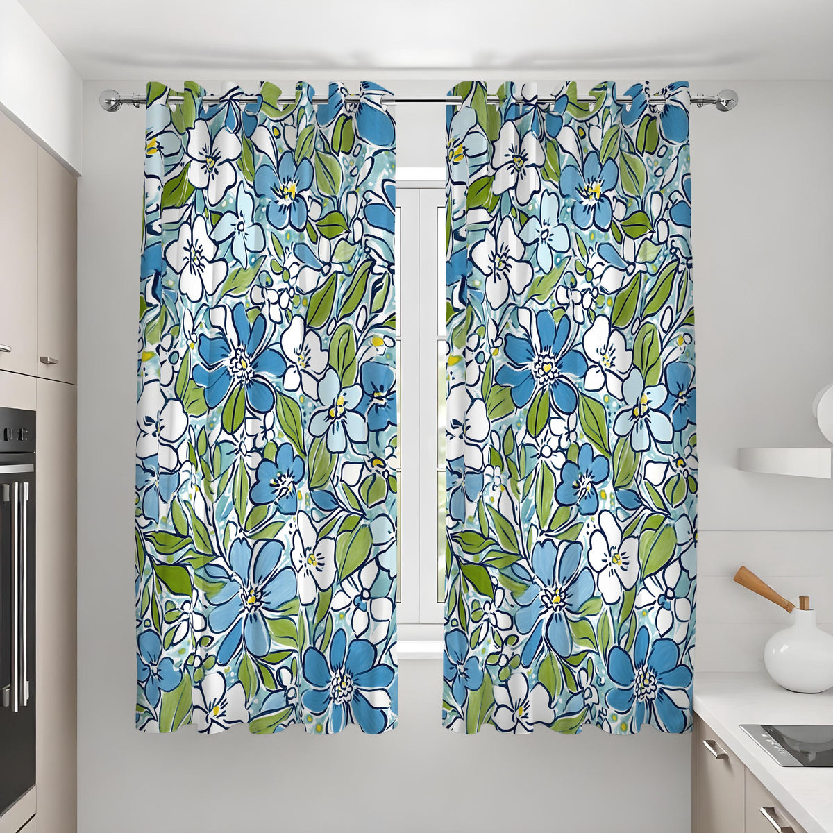 Blue & Green Floral Curtains, Retro White Blossom Drapes
