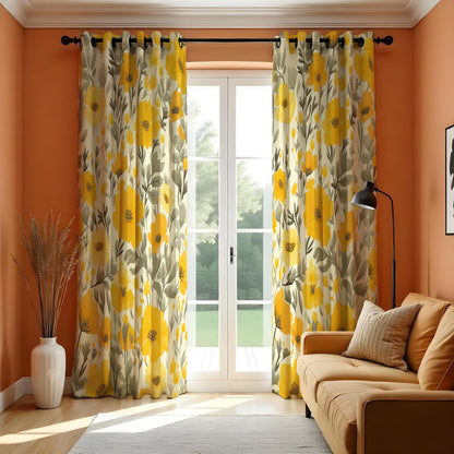 Mustard & Olive Floral Curtains, Bold Botanical Drapes