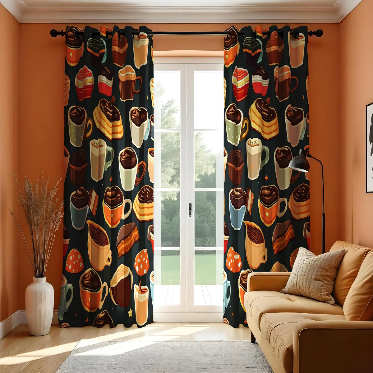 Coffee and Dessert Kitchen Curtains, Cafe Pastry Print Drapes