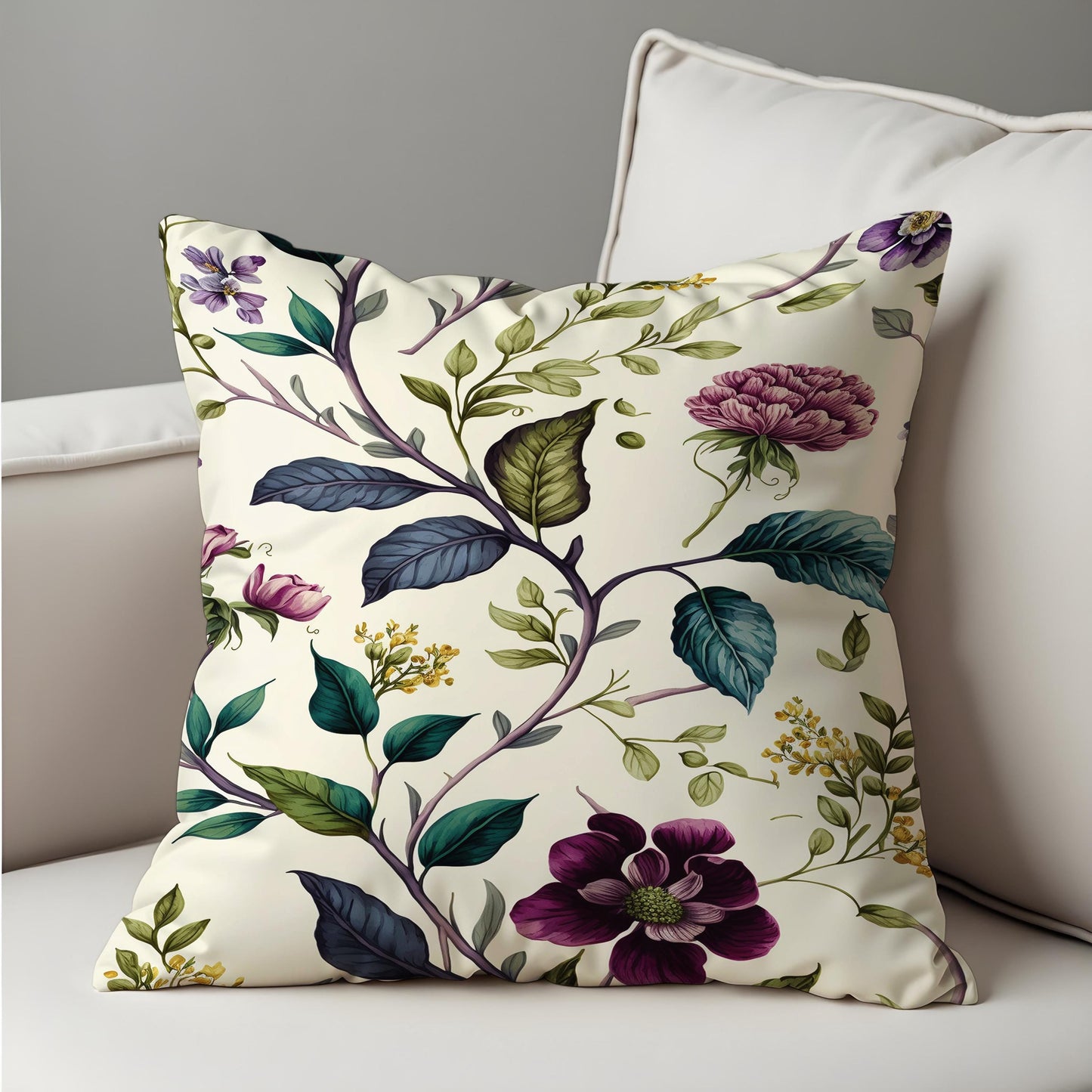 Botanical Cushion Cover, Plum & Green Floral Print Pillow Case