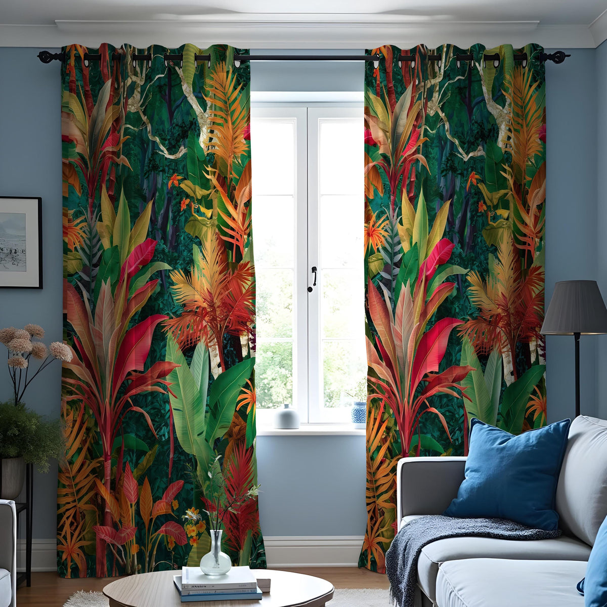 Colorful Jungle Leaf Curtains, Exotic Tropical Drapes