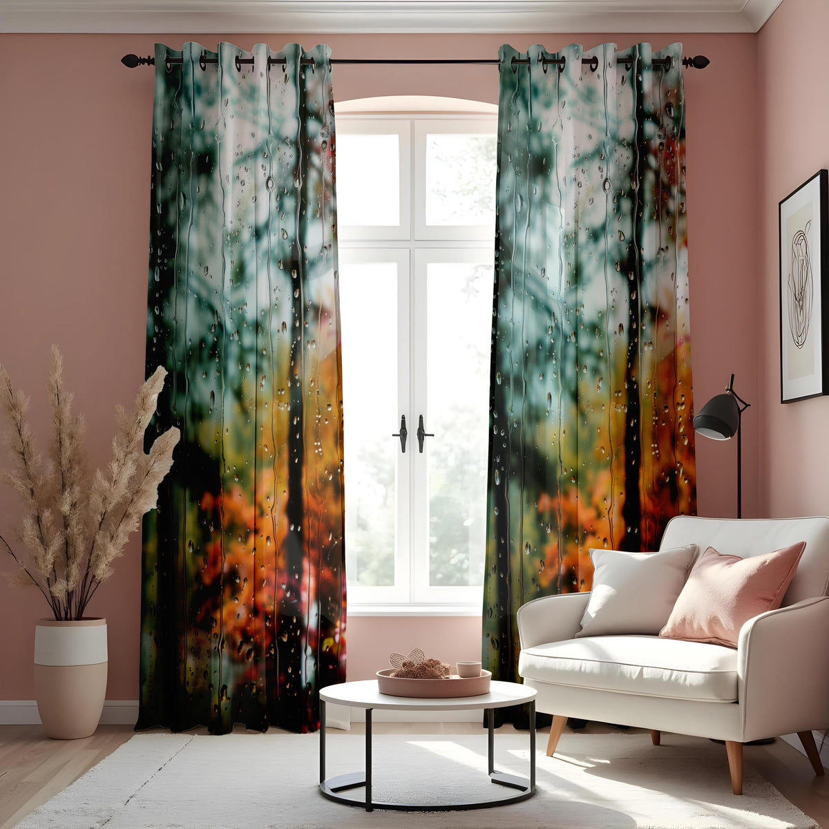 Rainy Window Autumn Forest Curtains, Nature Print Drapes
