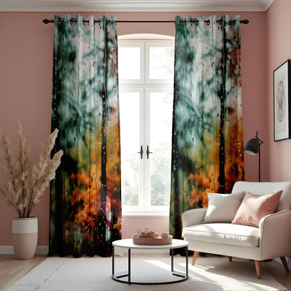 Rainy Window Autumn Forest Curtains, Nature Print Drapes
