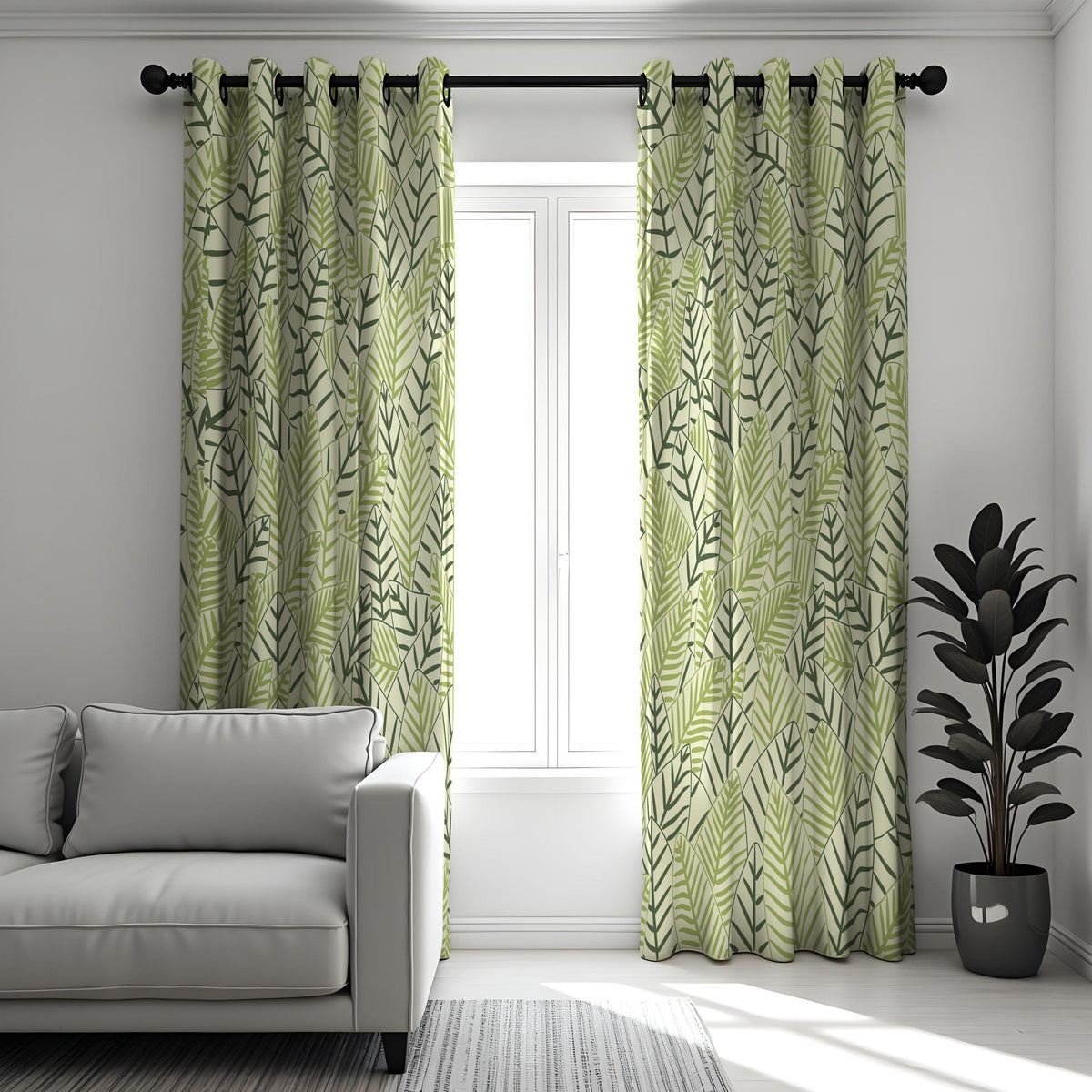 Green Leaf Print Curtains, Tropical Jungle Botanical Drapes