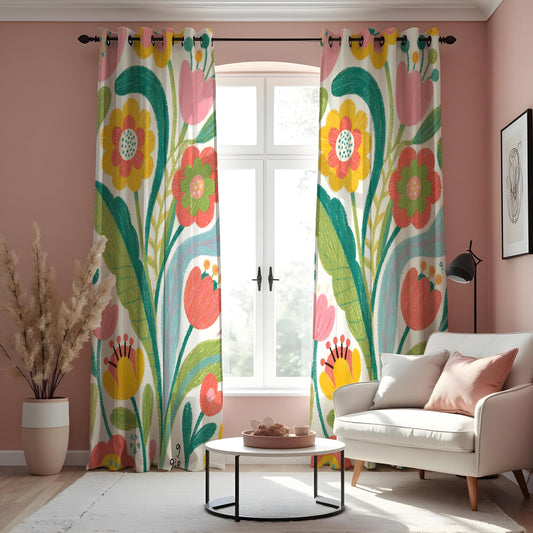 Bright Oversized Floral Curtains, Colorful Botanical Drapes