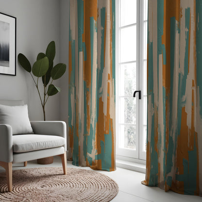 Teal and Rust Brushstroke Curtains, Abstract Art Drapes