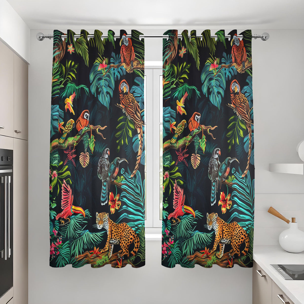 Leopard & Parrot Jungle Curtains, Tropical Animal Drapes