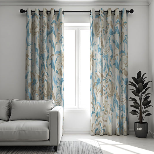 Blue Beige Floral Curtains, Neutral Botanical Print Drapes