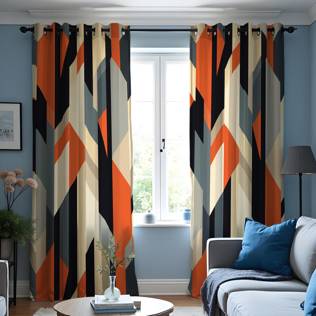 Orange Navy Beige Geometric Curtains, Angular Abstract Drapes