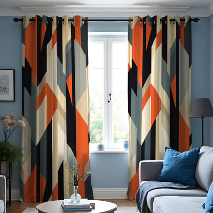 Orange Navy Beige Geometric Curtains, Angular Abstract Drapes