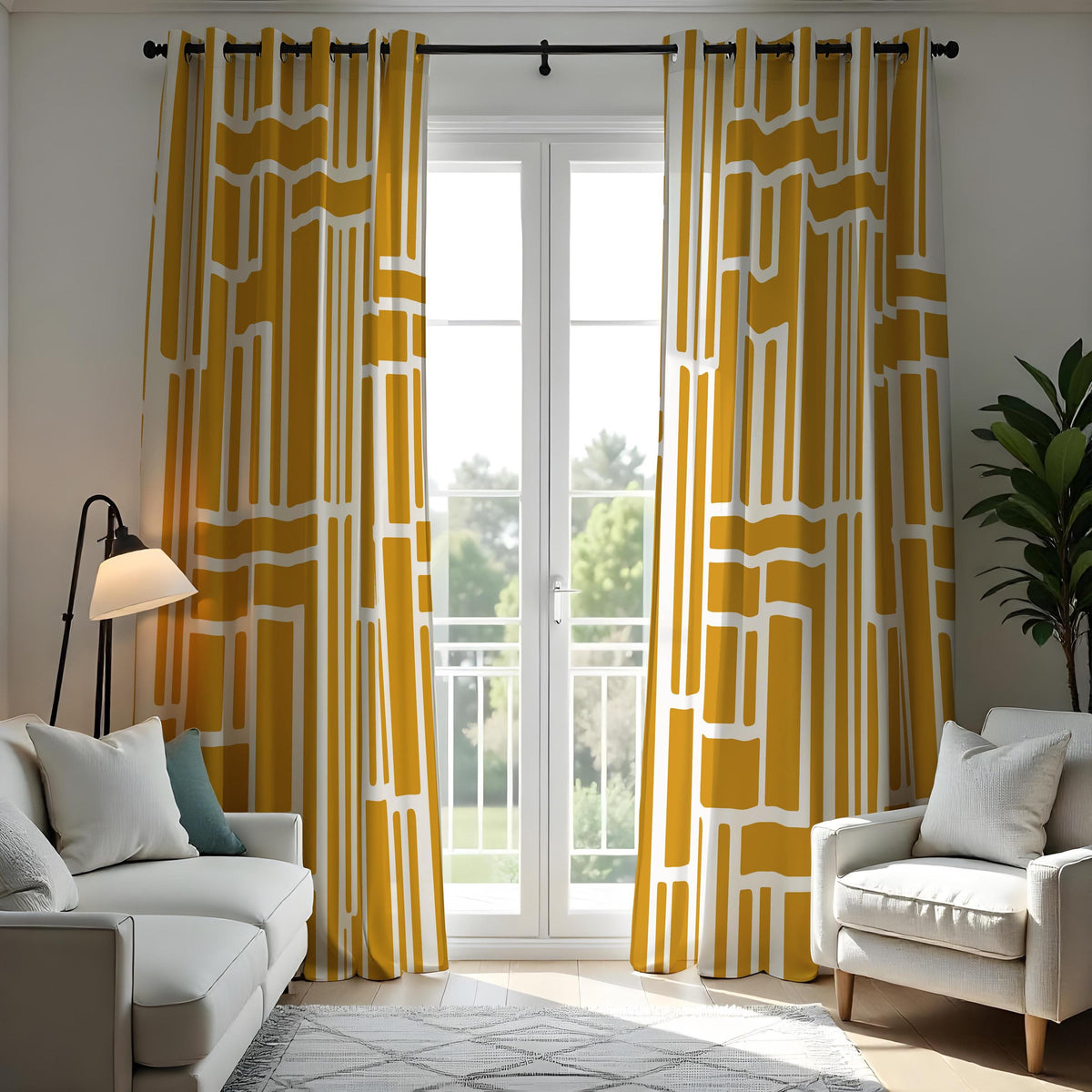 Mustard Yellow Geometric Curtains, Abstract Eyelet Drapes