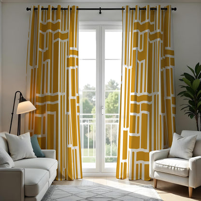 Mustard Yellow Geometric Curtains, Abstract Eyelet Drapes