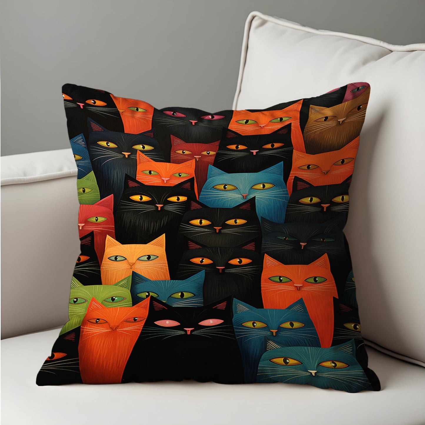 Colorful Cat Faces Cushion Cover, Funky Black & Rainbow Cats Pillow Case