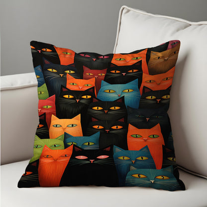 Colorful Cat Faces Cushion Cover, Funky Black & Rainbow Cats Pillow Case