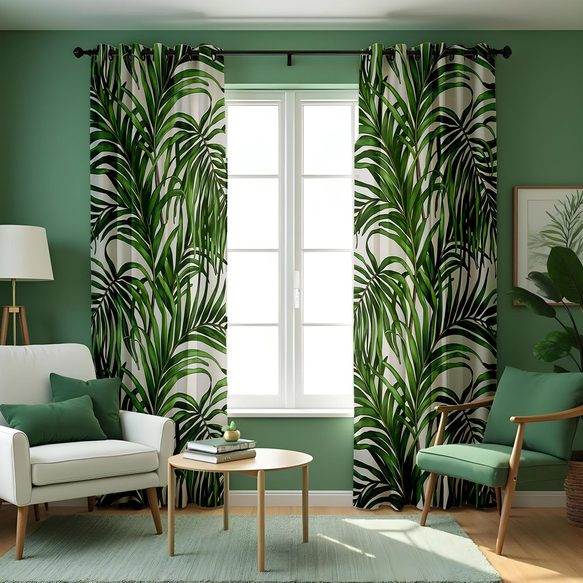 Green Palm Leaf Curtains, Tropical Botanical Custom Drapes