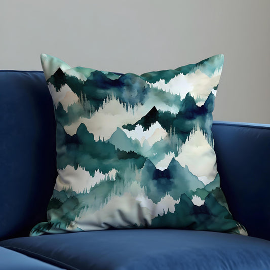Watercolor Mountain Cushion Cover, Blue Green Forest Landscape Pillow Case
