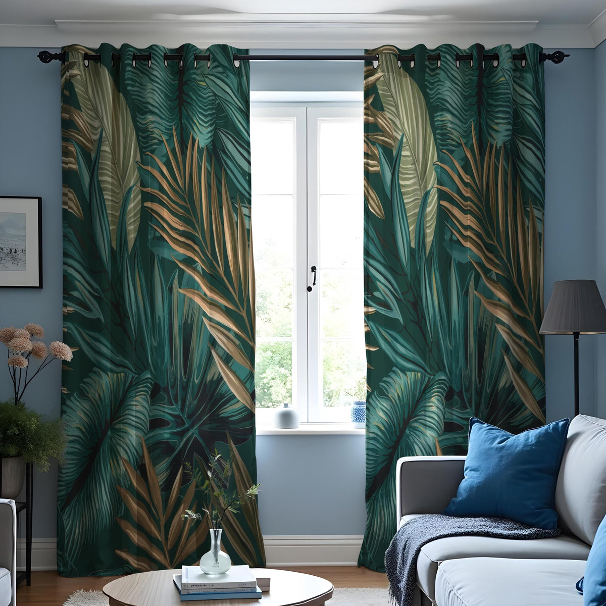 Dark Tropical Leaf Curtains, Jungle Botanical Print Drapes