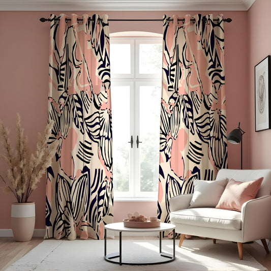 Pink and Navy Abstract Floral Curtains, Artistic Drapes