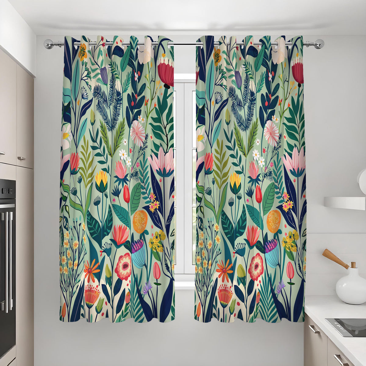 Vibrant Flower & Leaf Curtains, Colorful Botanical Drapes
