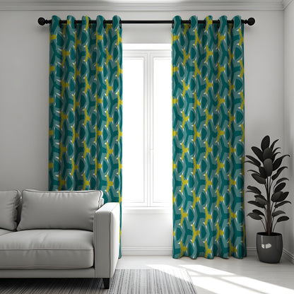 Teal Retro Geometric Curtains, Mid Century Modern Drapes