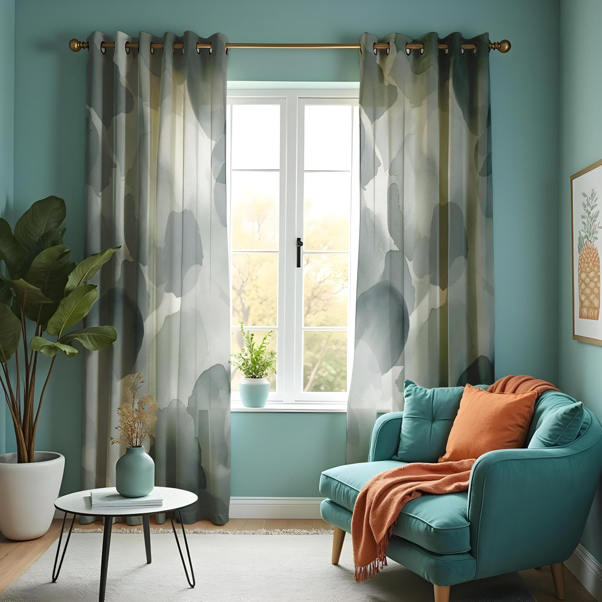 Grey Watercolor Abstract Curtains, Neutral Minimalist Drapes