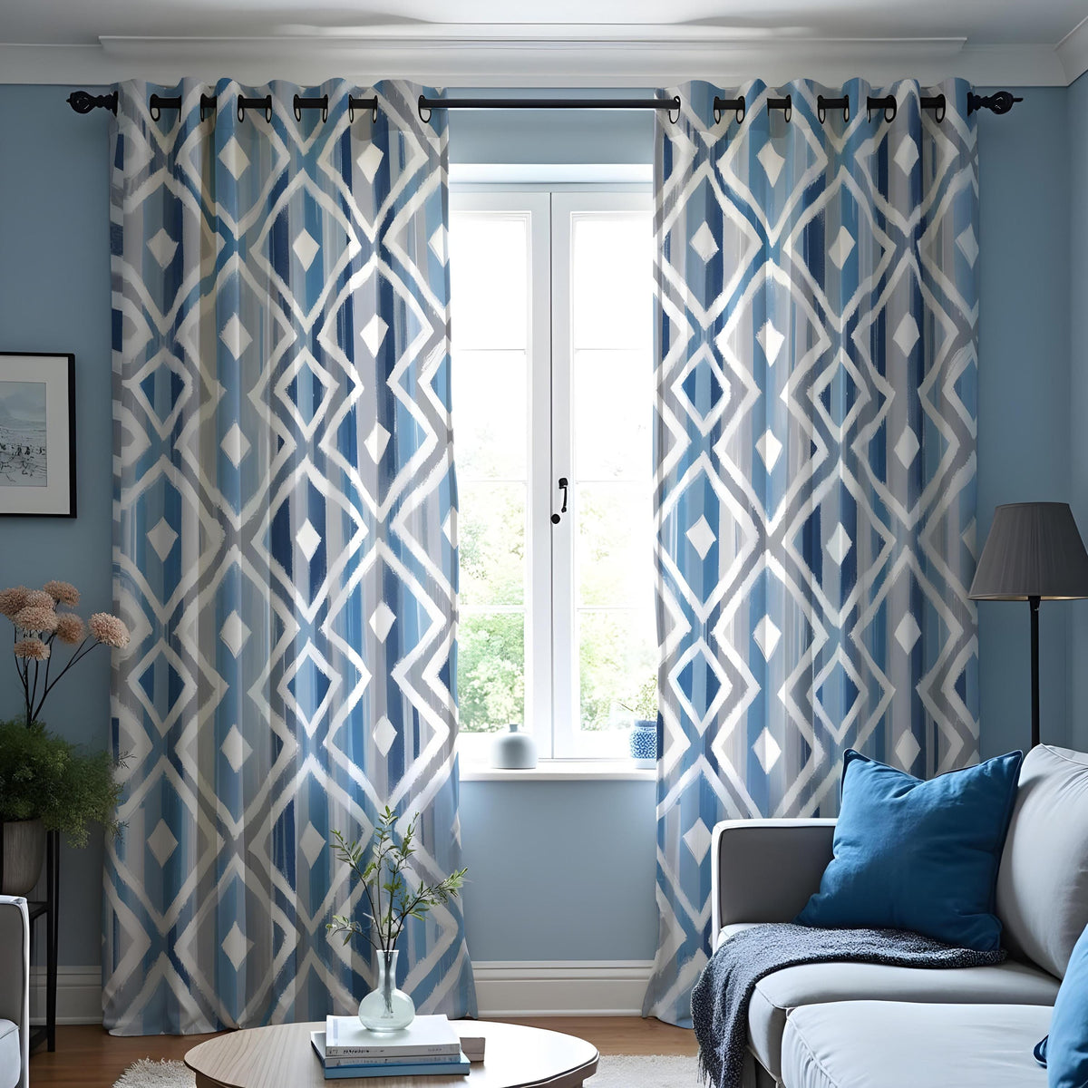 Blue Diamond Geometric Curtains, Coastal Modern Drapes