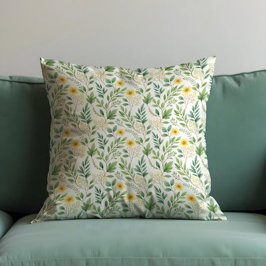 Spring Botanical Cushion Cover, Green Leaves & Yellow Floral Pillow Case