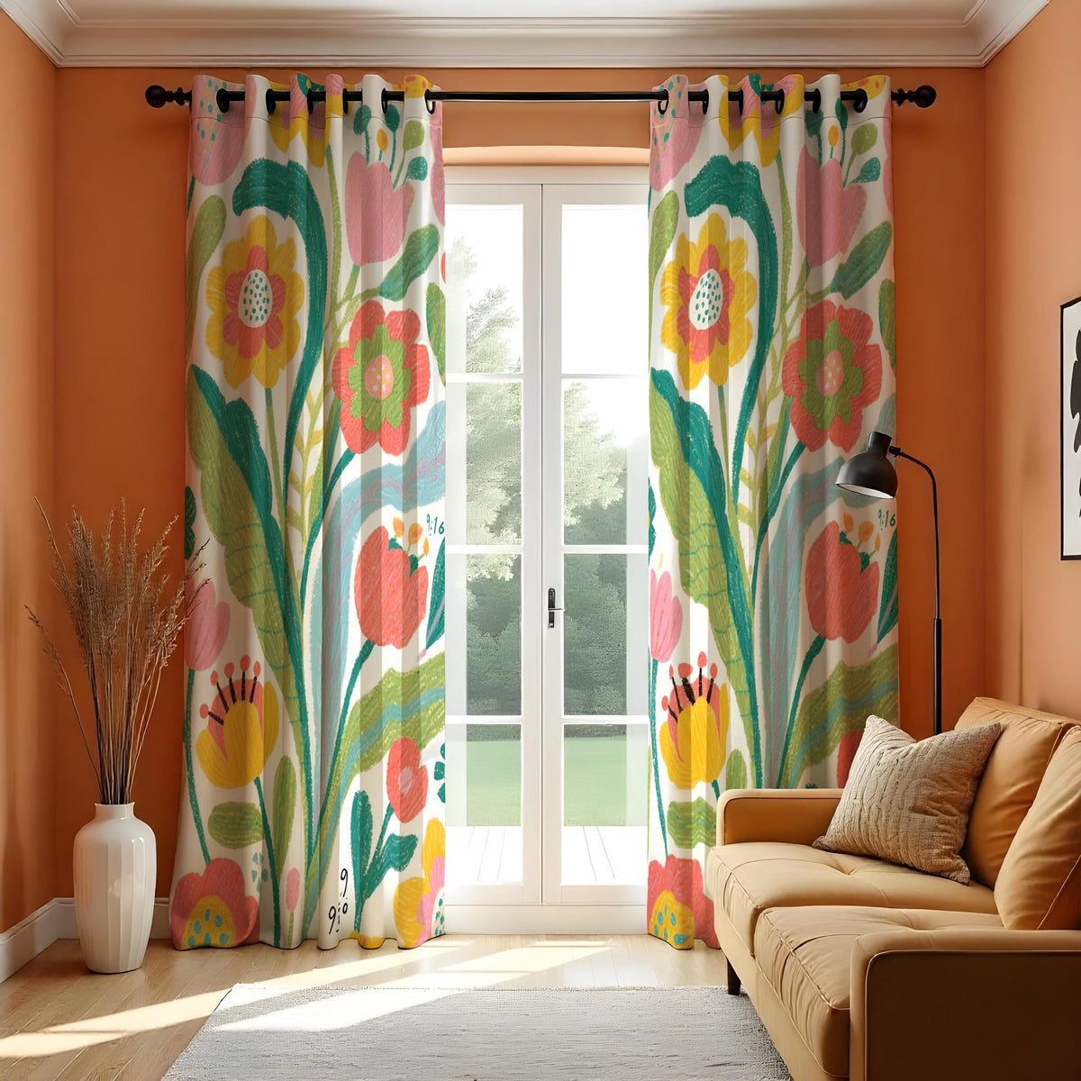 Bright Oversized Floral Curtains, Colorful Botanical Drapes