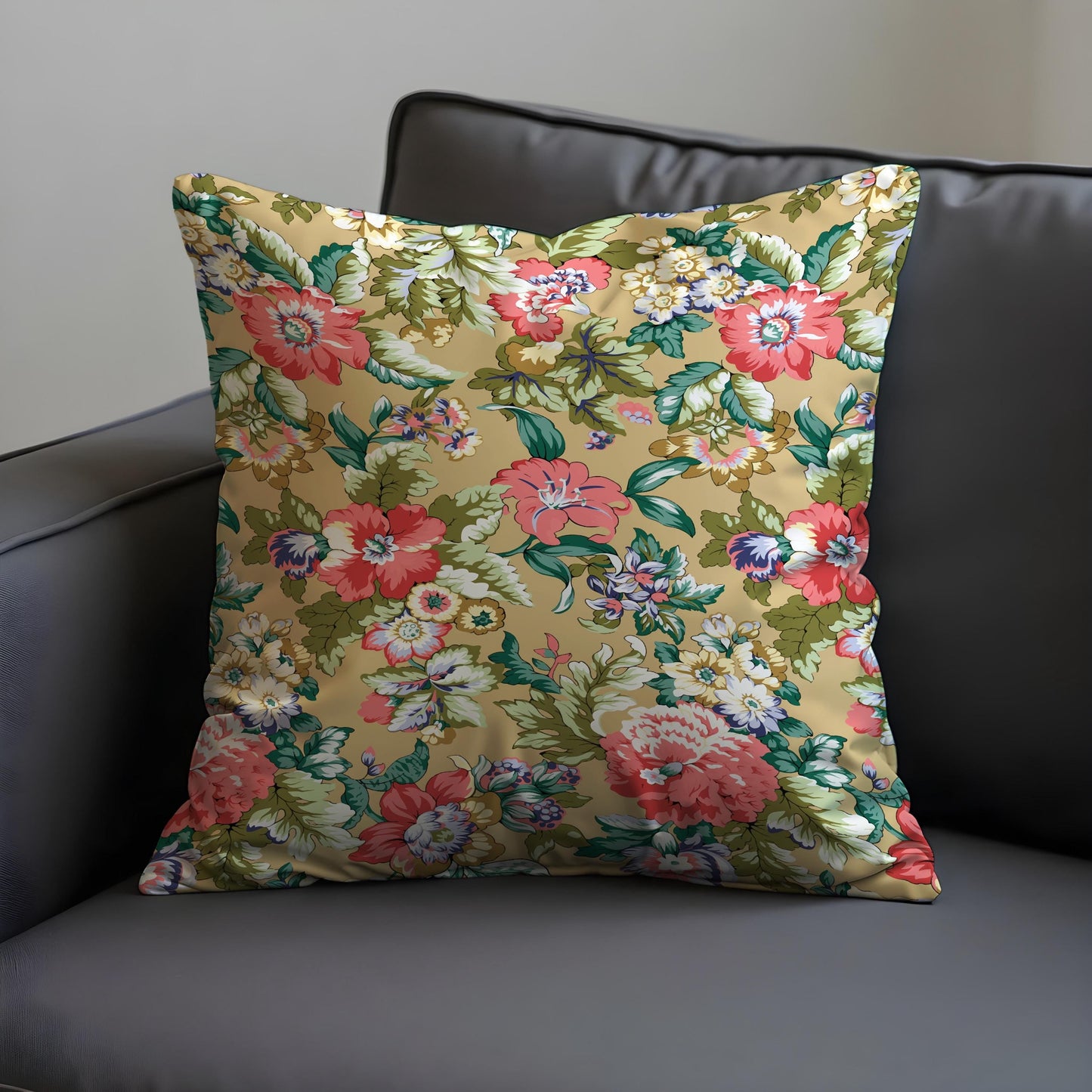 Farmhouse Botanical Cushion Cover, Coral & Cream Floral Print Pillow Cover