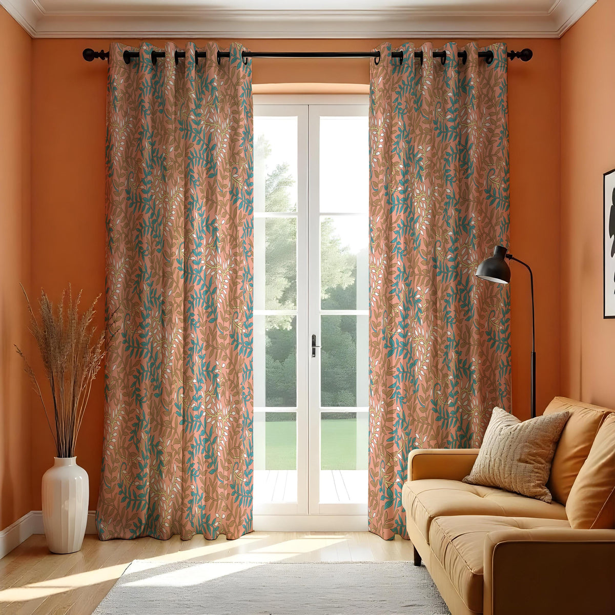 Rust Orange & Teal Leaf Curtains, Soft Botanical Drapes